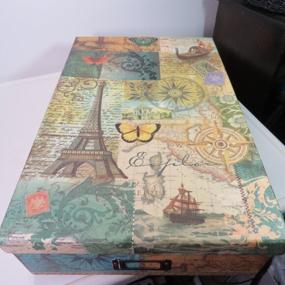 Large  Paris / Maps deign w metal tag holder Punch Studio Gift Box Storage Box - Picture 3 of 13